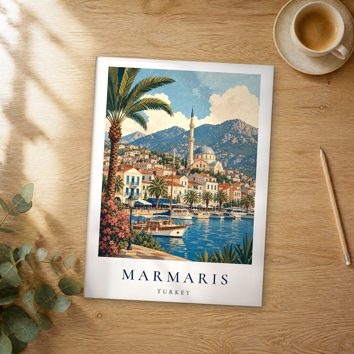 Unframed Marmaris vintage travel poster on a wooden table