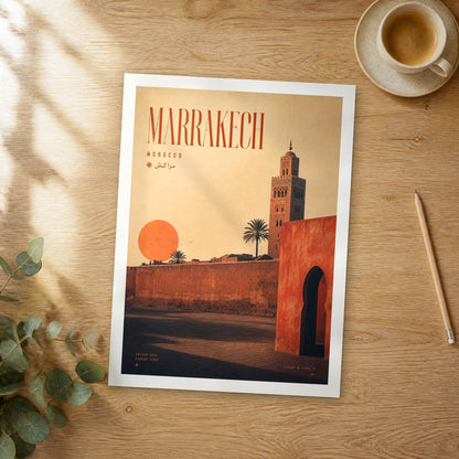 Unframed Marrakech bold typography travel poster on a wooden table