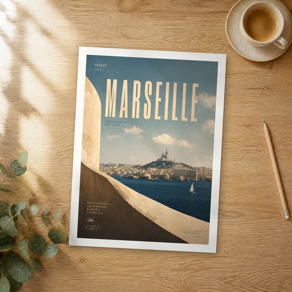 Unframed Marseille bold typography travel poster on a wooden table