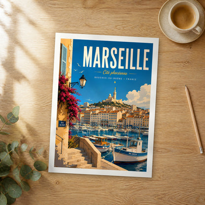 Unframed Marseille retro travel poster on a wooden table