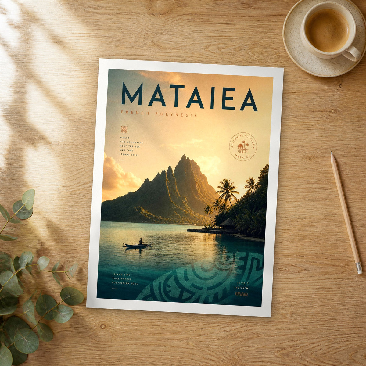 Unframed Mataiea bold typography travel poster on a wooden table