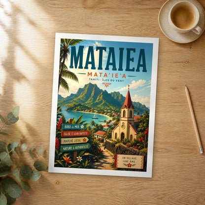 Unframed Mataiea retro travel poster on a wooden table