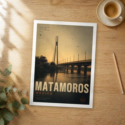Unframed Matamoros bold typography travel poster on a wooden table