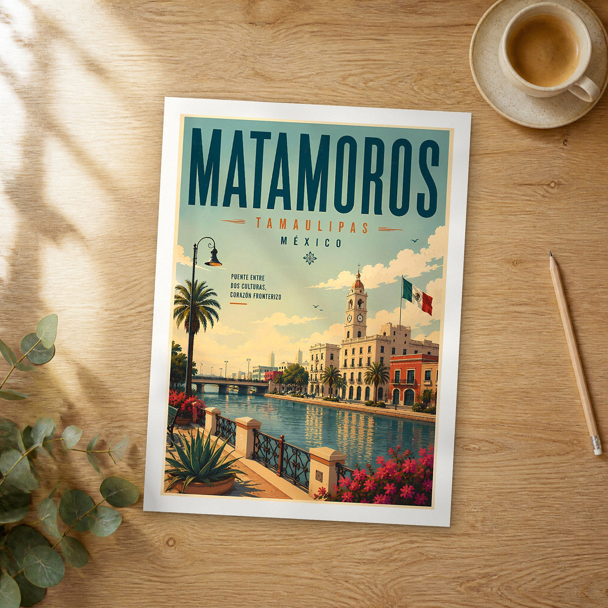 Unframed Matamoros retro travel poster on a wooden table