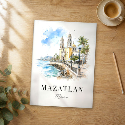 Unframed Mazatlan watercolor travel poster on a wooden table