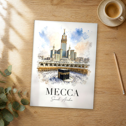 Unframed Mecca Kaaba and Clock Tower watercolor travel poster on a wooden table