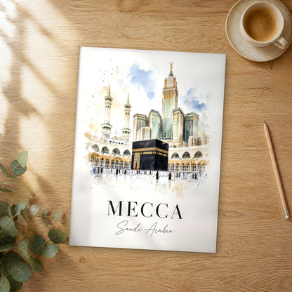 Unframed Mecca Kaaba and Minarets watercolor travel poster on a wooden table