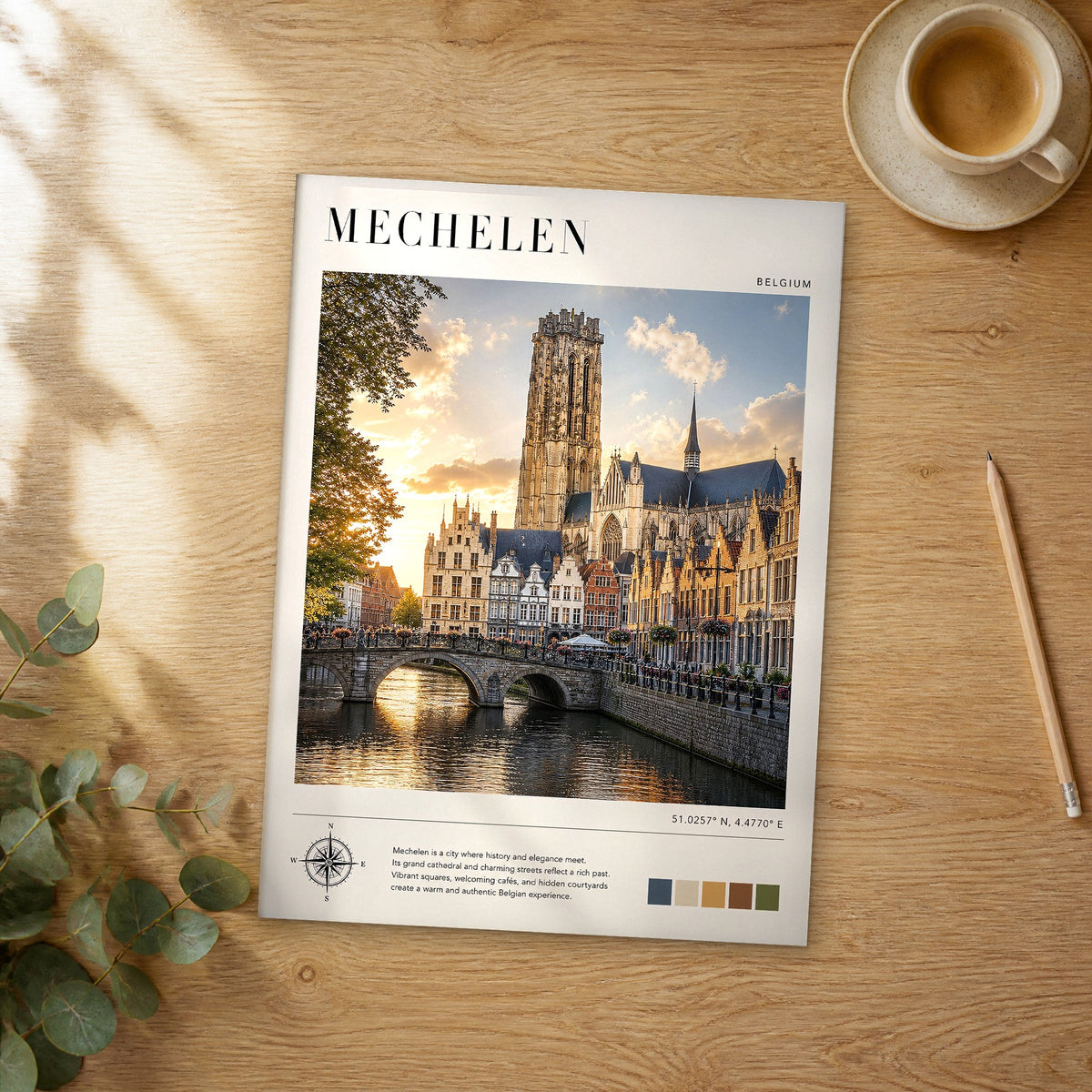 Unframed Mechelen modern photography travel poster on a wooden table