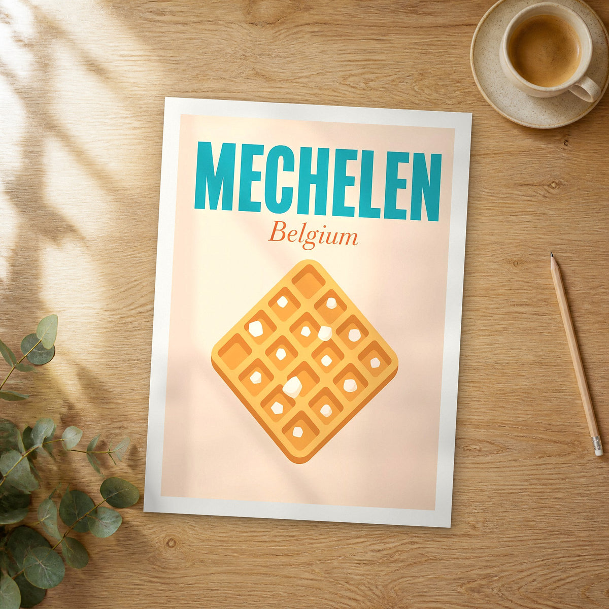 Unframed Mechelen pop art travel poster on a wooden table