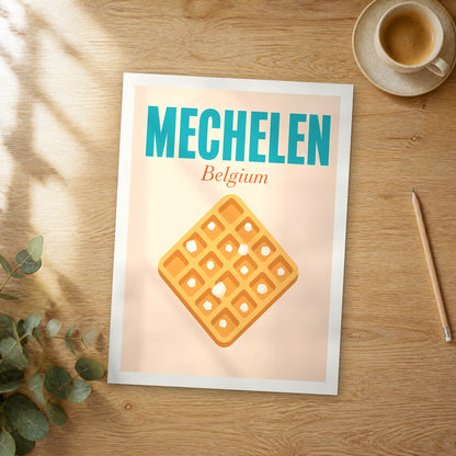 Unframed Mechelen pop art travel poster on a wooden table