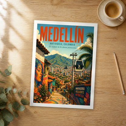 Unframed Medellín Comuna 13 Stairway retro travel poster on a wooden table