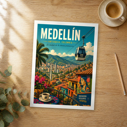 Unframed Medellín Metrocable Over Valley retro travel poster on a wooden table