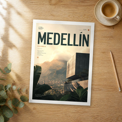 Unframed Medellín Mountain Sunset Skyline bold typography travel poster on a wooden table