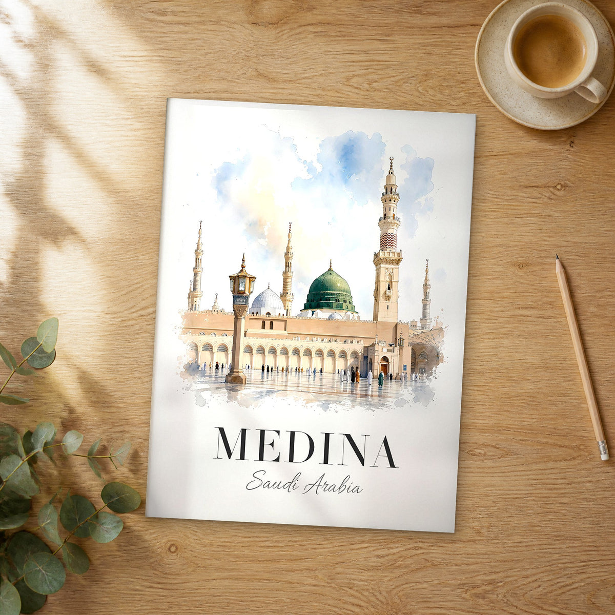 Unframed Medina Green Dome Courtyard watercolor travel poster on a wooden table