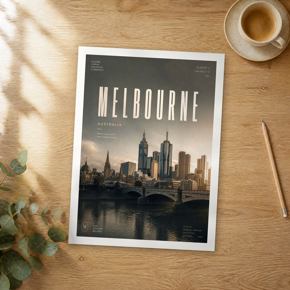 Unframed Melbourne bold typography travel poster on a wooden table