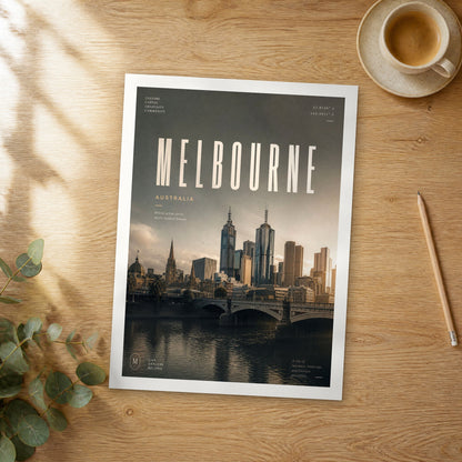 Unframed Melbourne bold typography travel poster on a wooden table