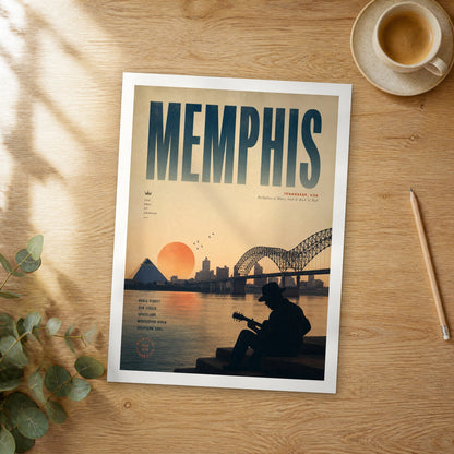 Unframed Memphis bold typography travel poster on a wooden table