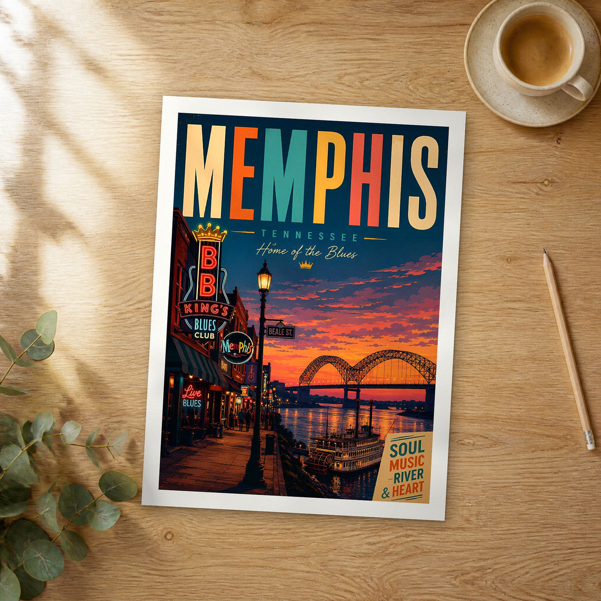 Unframed Memphis retro travel poster on a wooden table