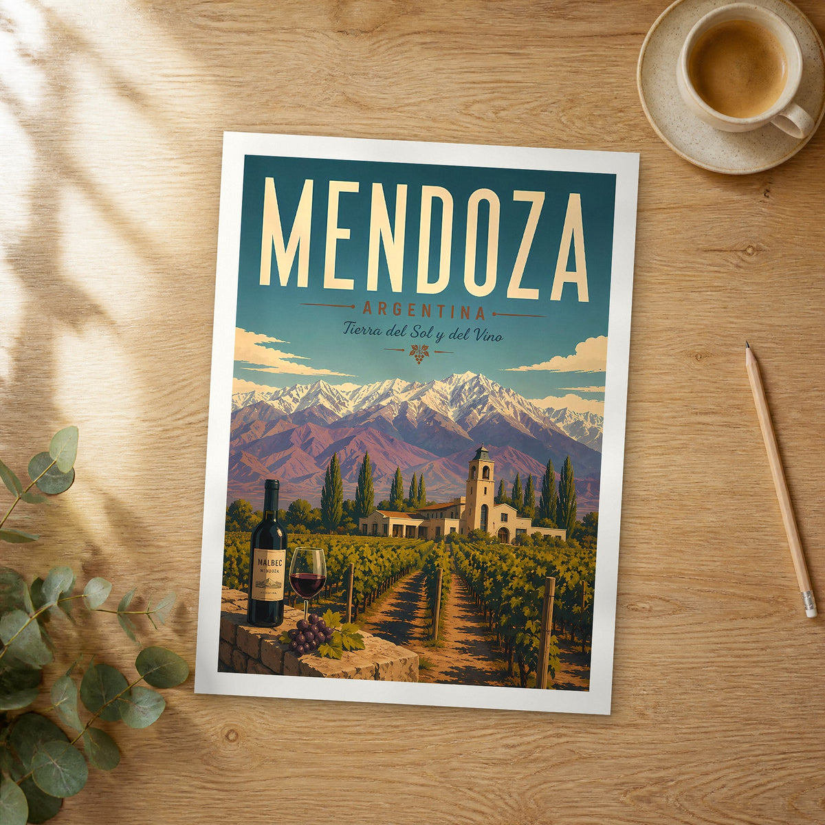 Unframed Mendoza retro travel poster on a wooden table