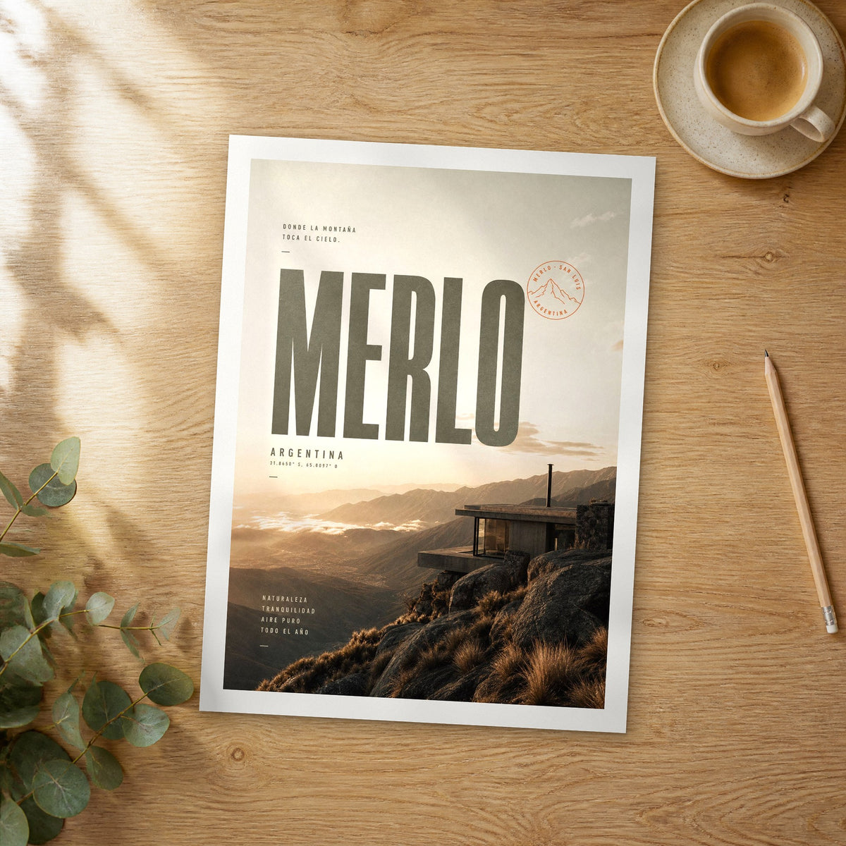 Unframed Merlo bold typography travel poster on a wooden table
