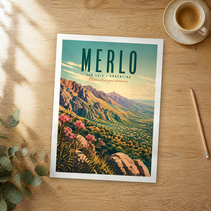 Unframed Merlo retro travel poster on a wooden table