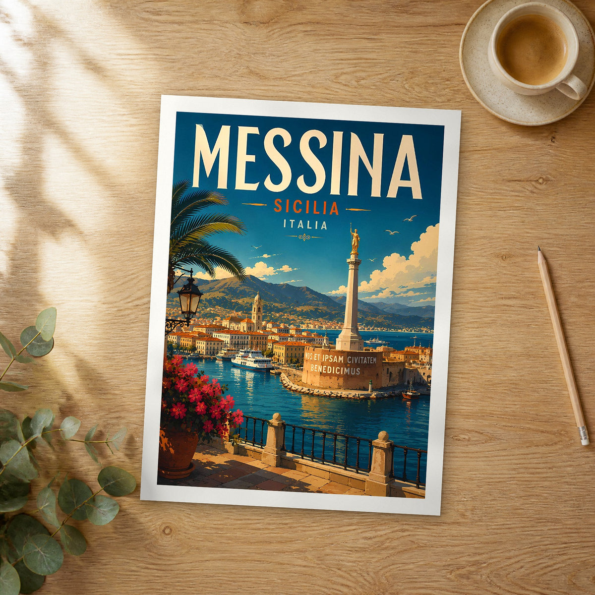 Unframed Messina retro travel poster on a wooden table