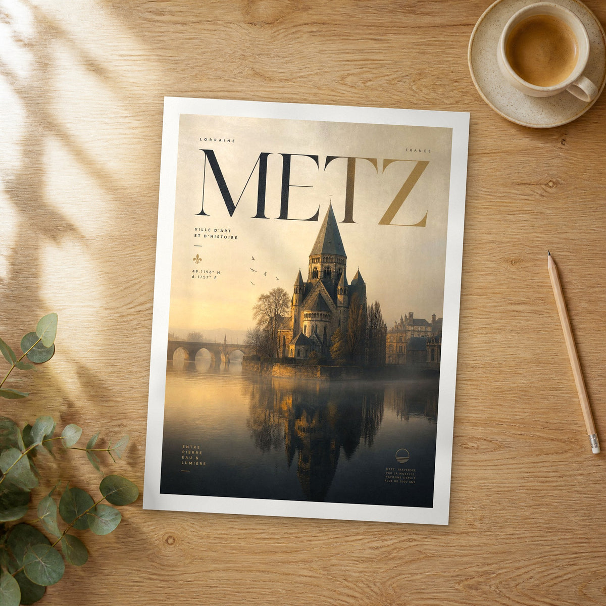 Unframed Metz bold typography travel poster on a wooden table