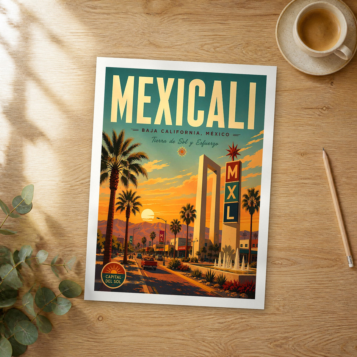 Unframed Mexicali retro travel poster on a wooden table