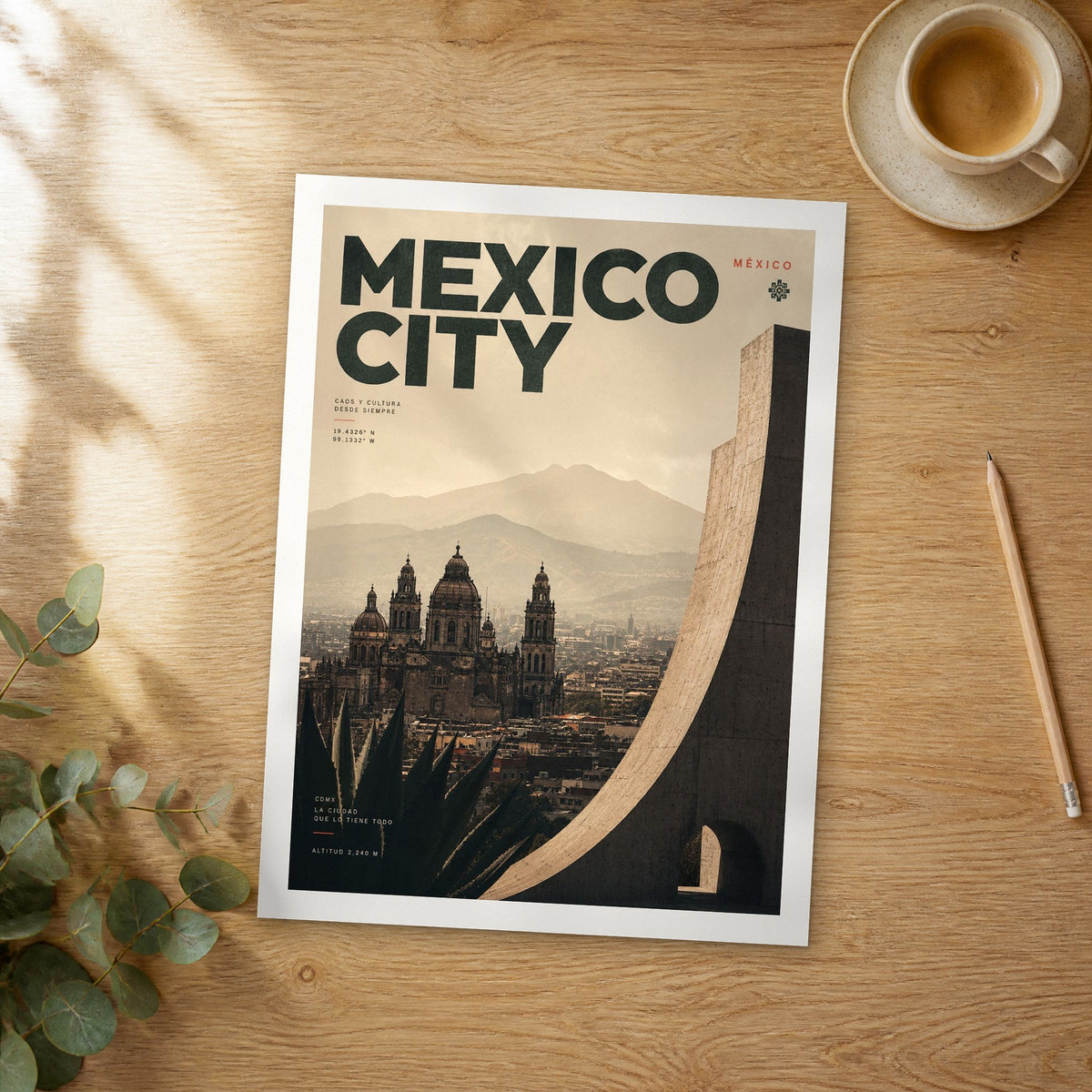 Unframed Mexico City Metropolitan Cathedral bold typography travel poster on a wooden table