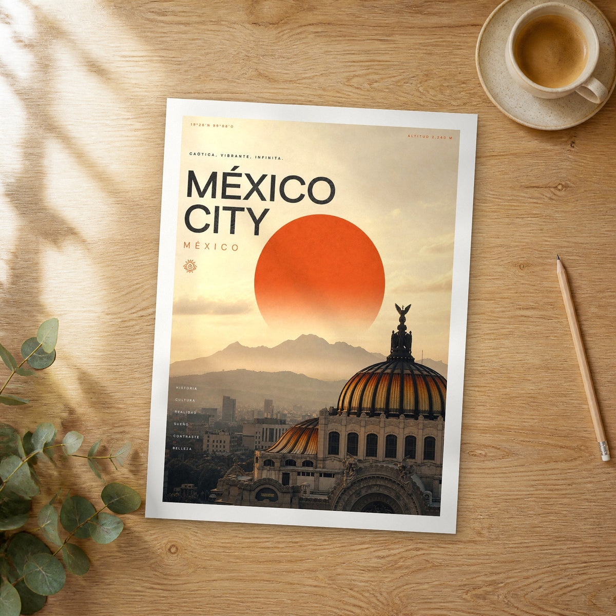 Unframed Mexico City Palacio de Bellas Artes bold typography travel poster on a wooden table