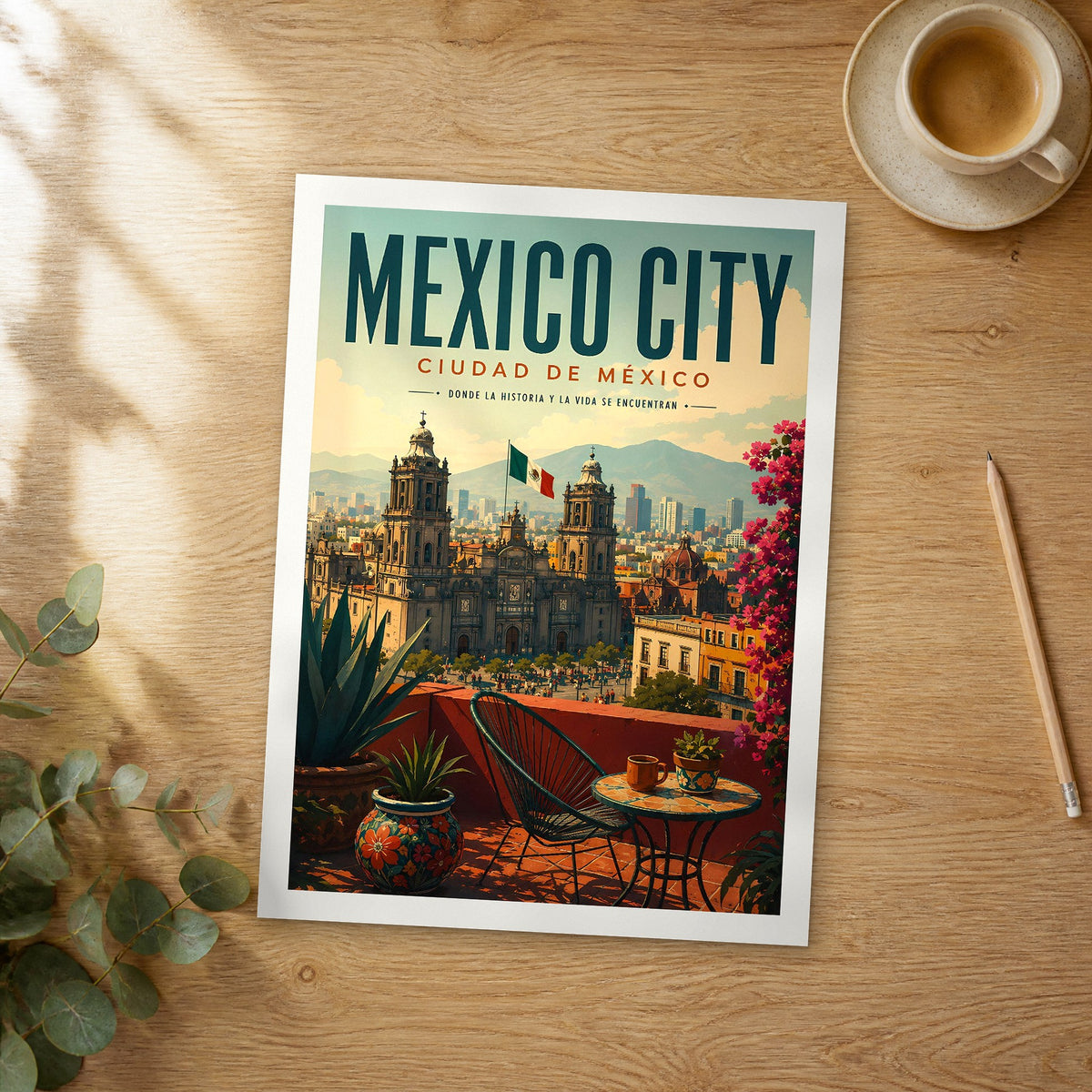 Unframed Mexico City retro travel poster on a wooden table