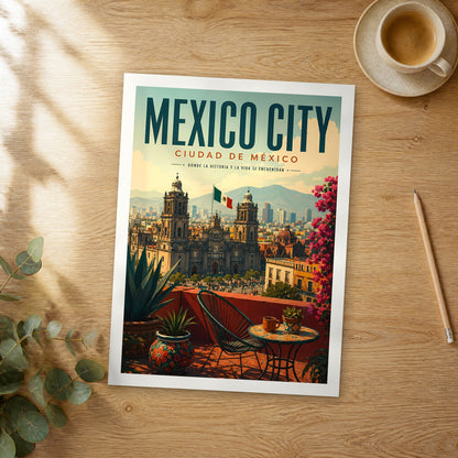 Unframed Mexico City retro travel poster on a wooden table