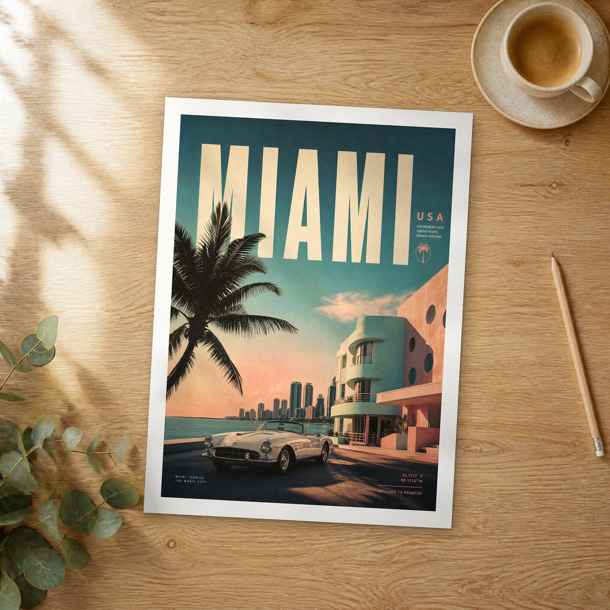 Unframed Miami bold typography travel poster on a wooden table