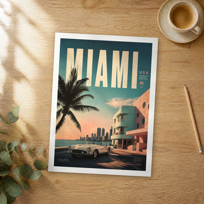 Unframed Miami bold typography travel poster on a wooden table