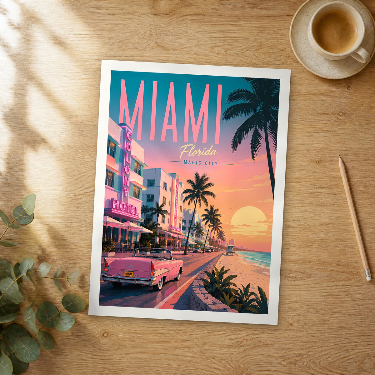Unframed Miami retro travel poster on a wooden table