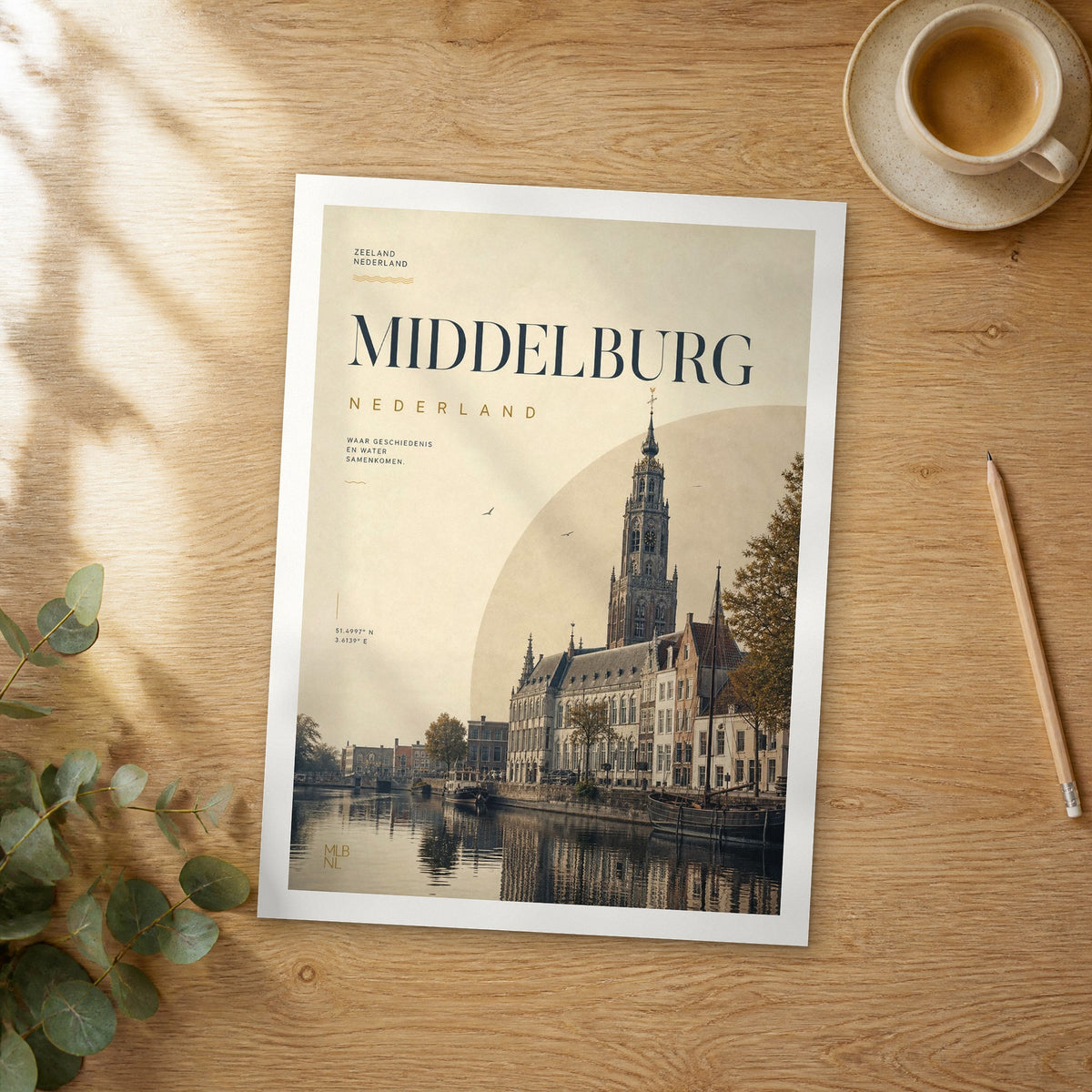 Unframed Middelburg bold typography travel poster on a wooden table