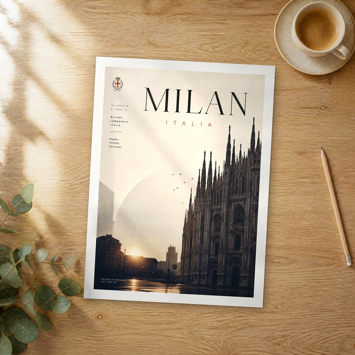 Unframed Milan bold typography travel poster on a wooden table
