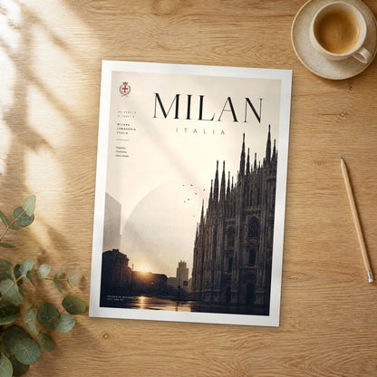 Unframed Milan bold typography travel poster on a wooden table