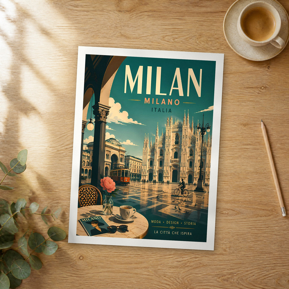 Unframed Milan retro travel poster on a wooden table