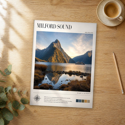 Unframed Milford Sound modern photography travel poster on a wooden table