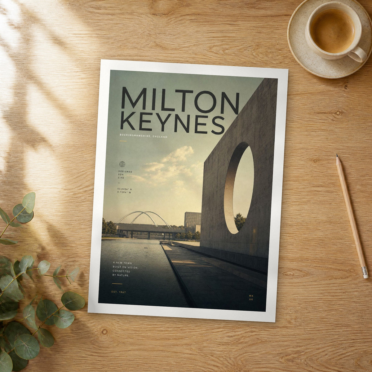 Unframed Milton Keynes bold typography travel poster on a wooden table