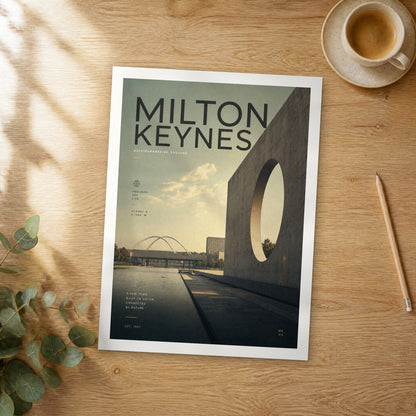 Unframed Milton Keynes bold typography travel poster on a wooden table