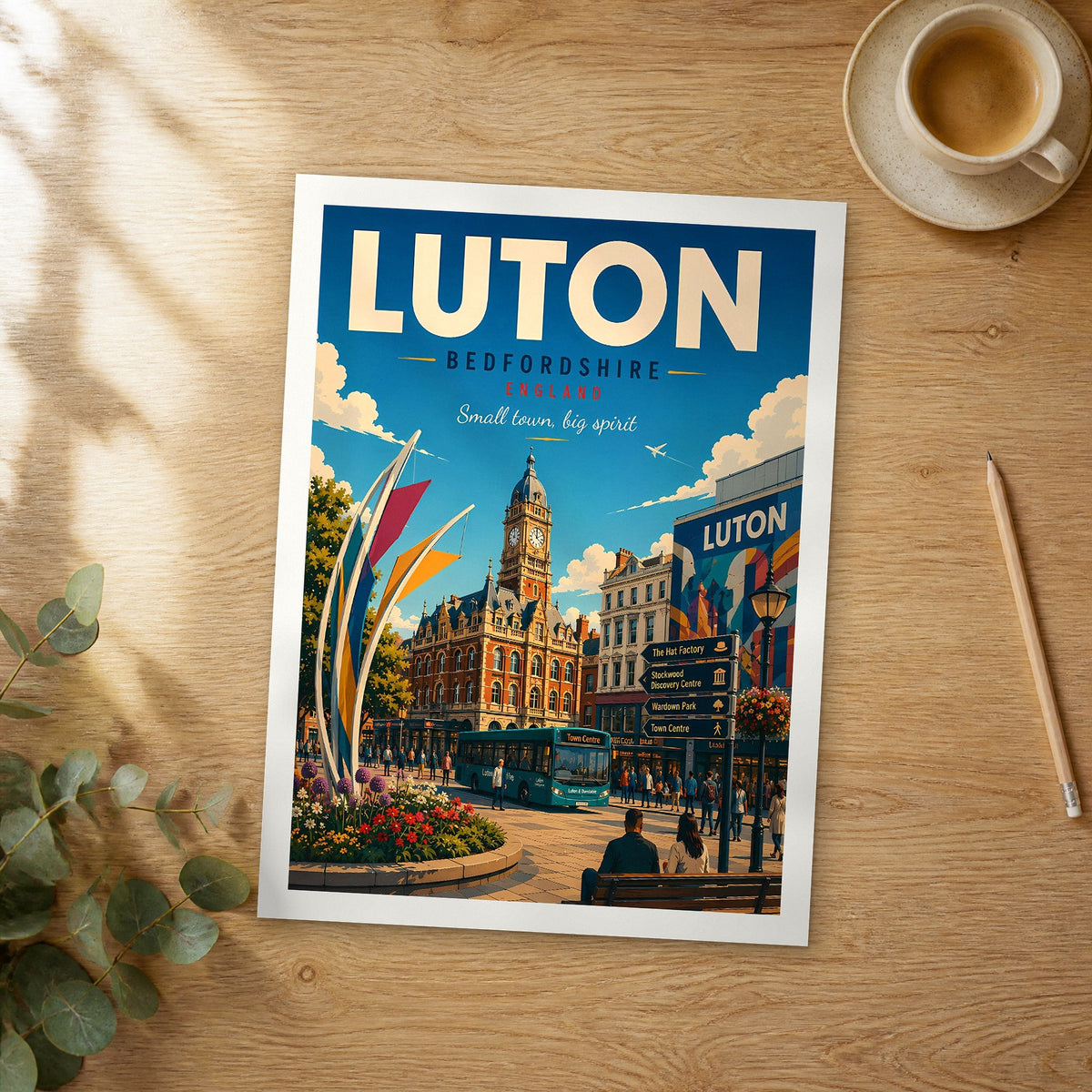 Unframed Milton Keynes retro travel poster on a wooden table