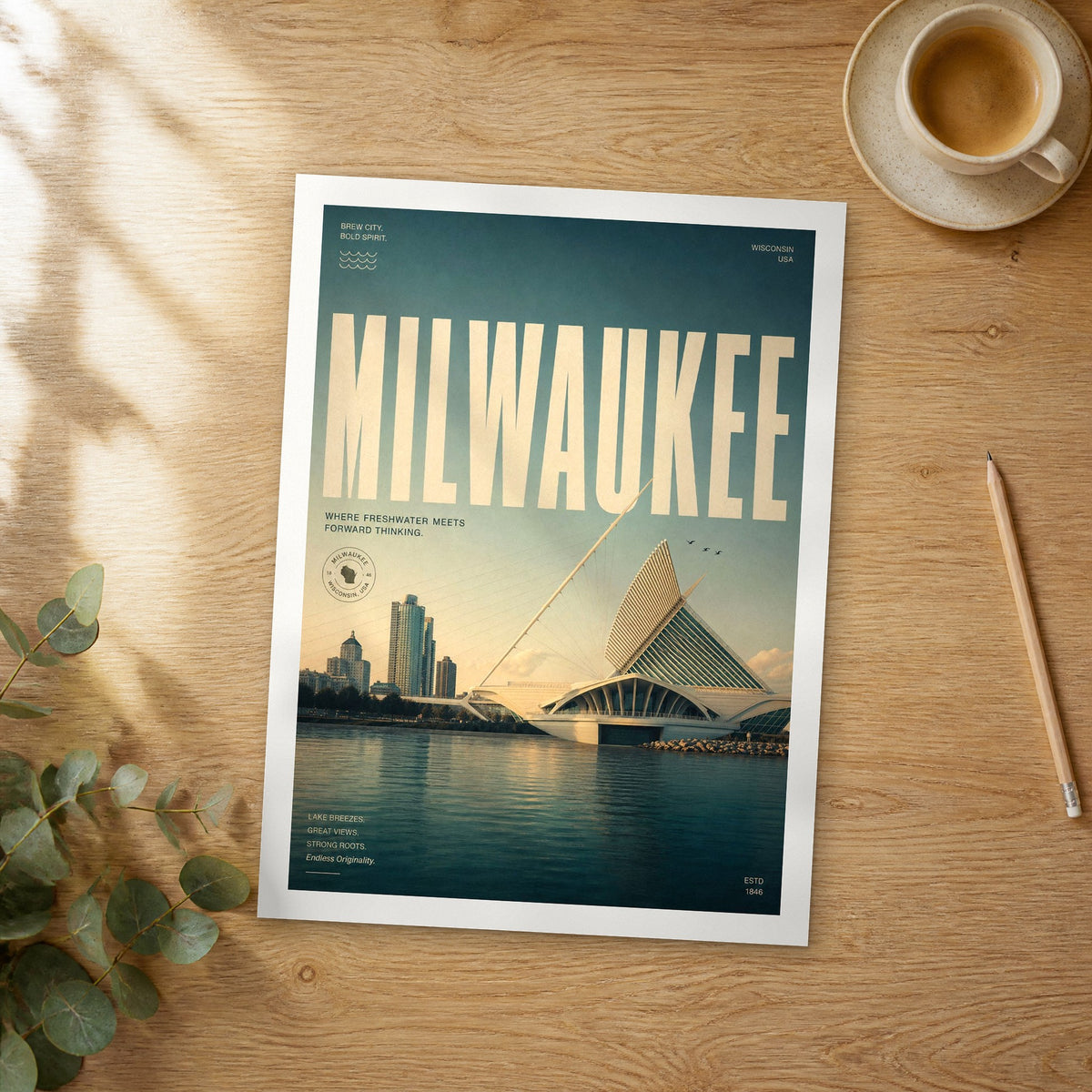 Unframed Milwaukee bold typography travel poster on a wooden table