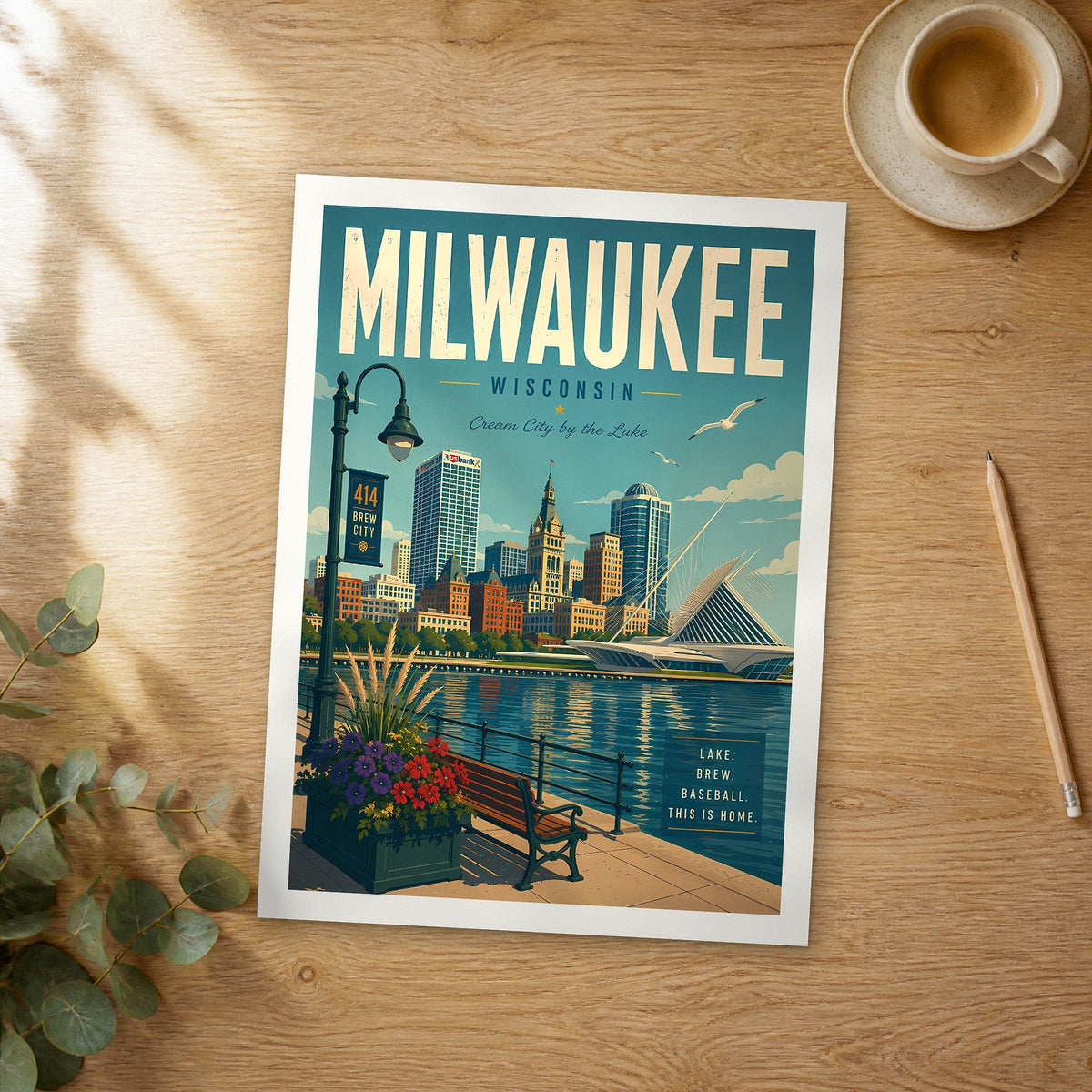 Unframed Milwaukee retro travel poster on a wooden table