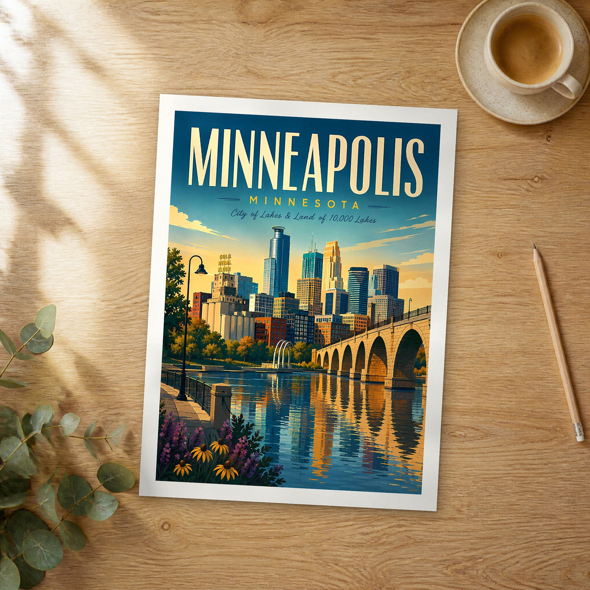Unframed Minneapolis retro travel poster on a wooden table