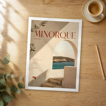 Unframed Minorque bold typography travel poster on a wooden table