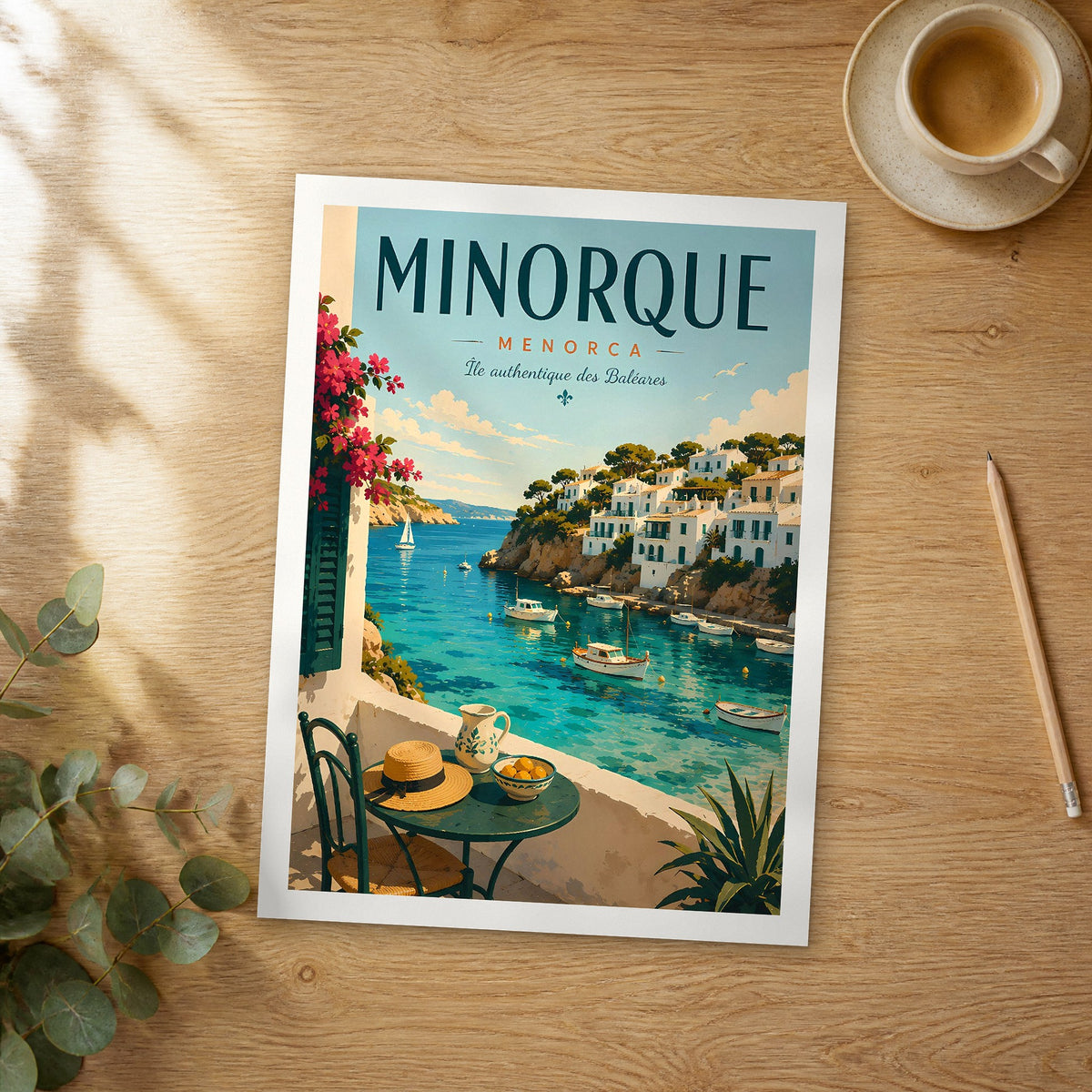 Unframed Minorque retro travel poster on a wooden table