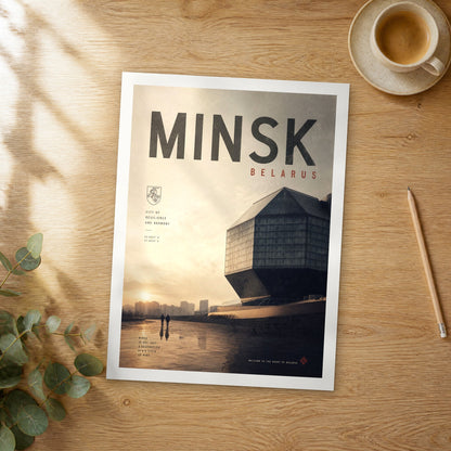 Unframed Minsk bold typography travel poster on a wooden table
