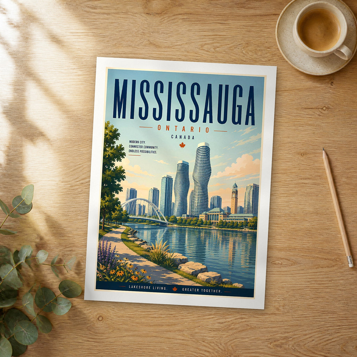 Unframed Mississauga retro travel poster on a wooden table